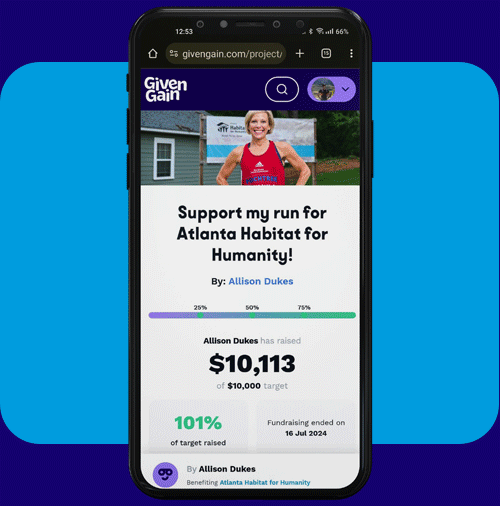 A live GivenGain fundraiser page on a phone